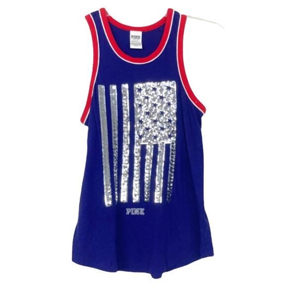 PINK Victoria's Secret Blue Sequin Flag Print Tank Top Sz XS - Picture 1 of 5